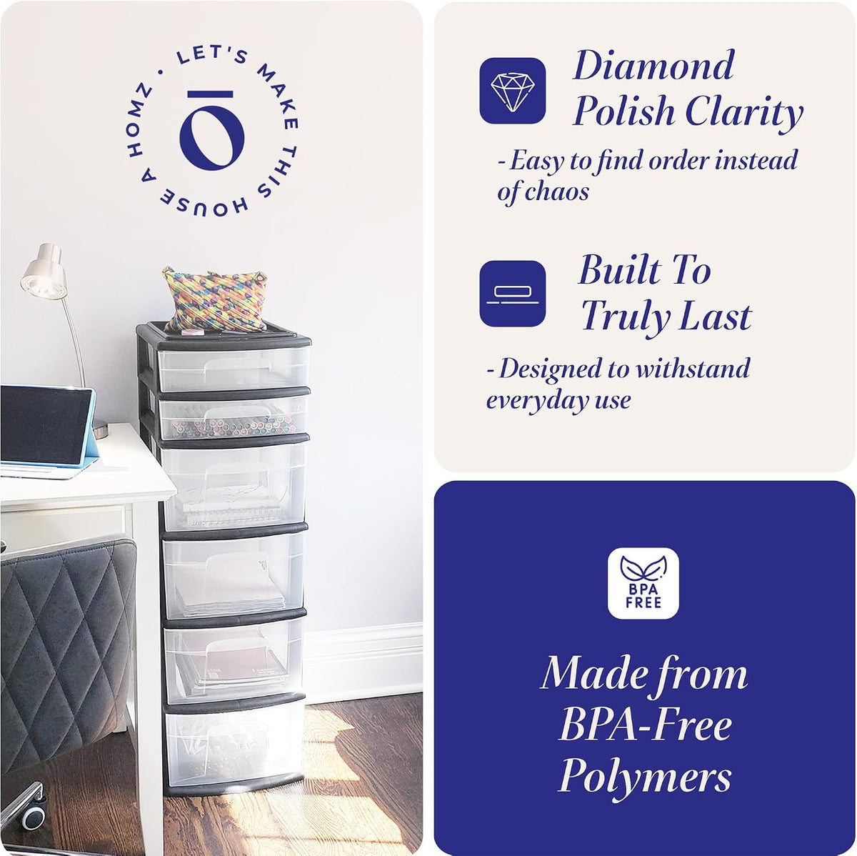 HOMZ Drawer Tower, 6-Tier Storage for Home Organization, Black Frame