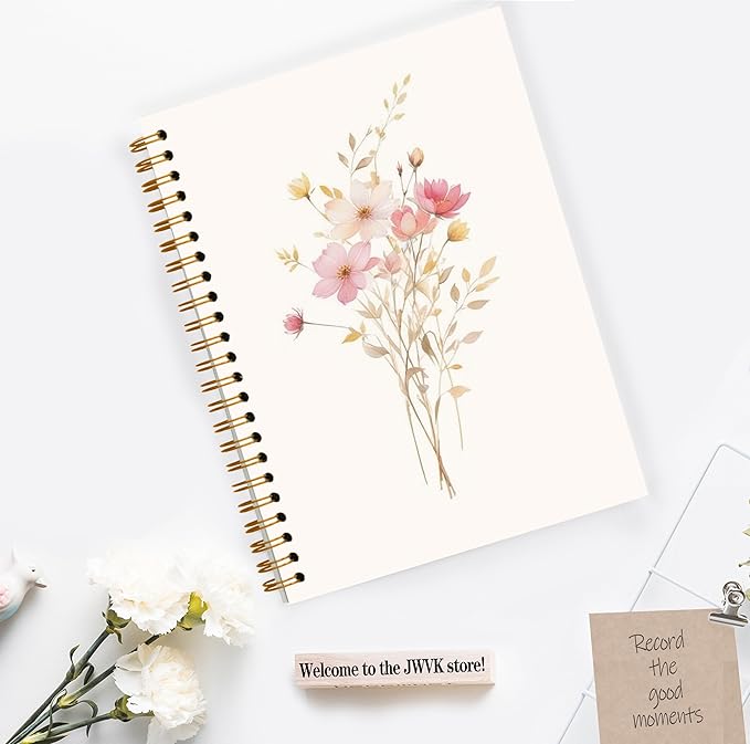JWVK Pink Floral Spiral Notebook, Cottagecore Wildflower Notebooks - Image 3