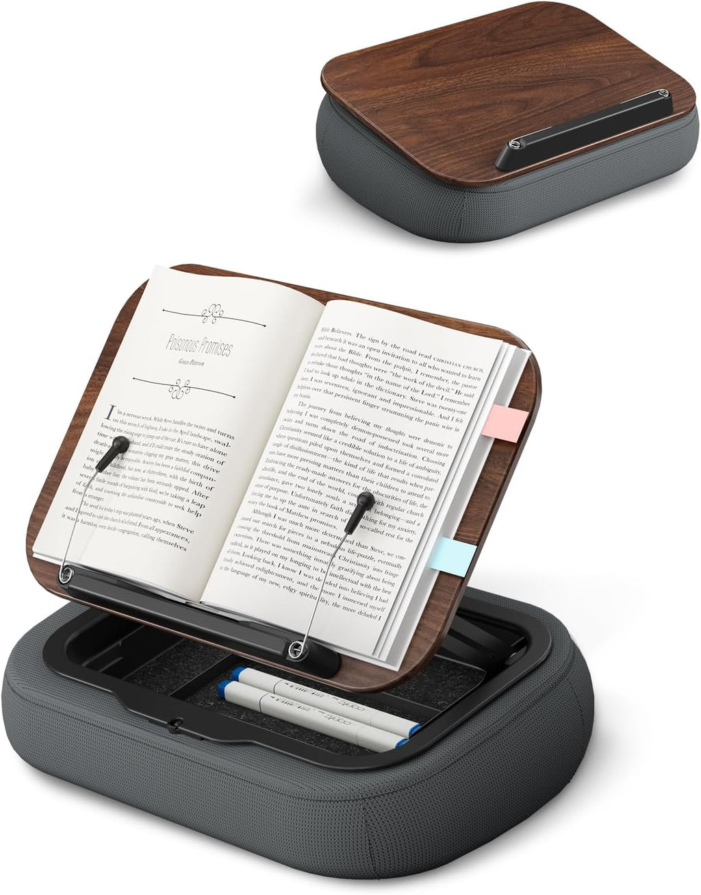 Viozon Lap Book Pillow Stand with Storage, Adjustable Beanbag Reading Pillow with Dark Wood Panel, Multi-Angle Book Holder for Hands-Free Reading in Bed or Sofa,Book Lover Essential,Soft Cushion