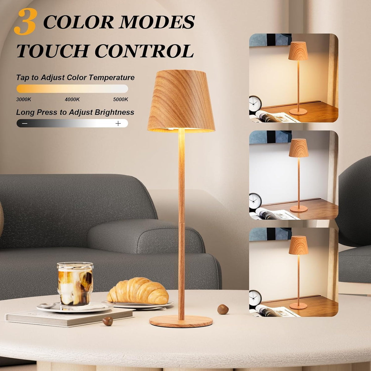 Kakanuo Wood Grain Cordless Table Lamp Rechargeable - 2 Pack 5000mAH Battery ...