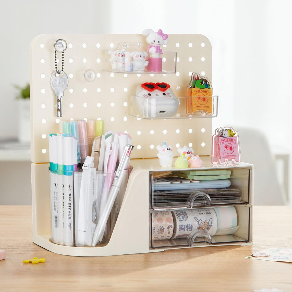 comix desk organizer with 2 drawer, beige 360° showing dimensions