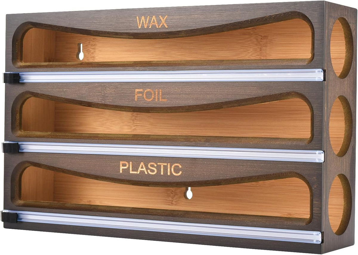 Bamboo Wrap Dispenser with Cutter, Plastic Wrap Organizer, Aluminum Foil Orga...