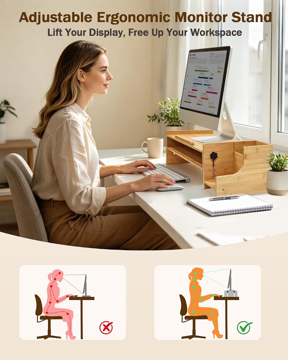MyPlace Bamboo Monitor Stand Riser with Adjustable Height and Angle
