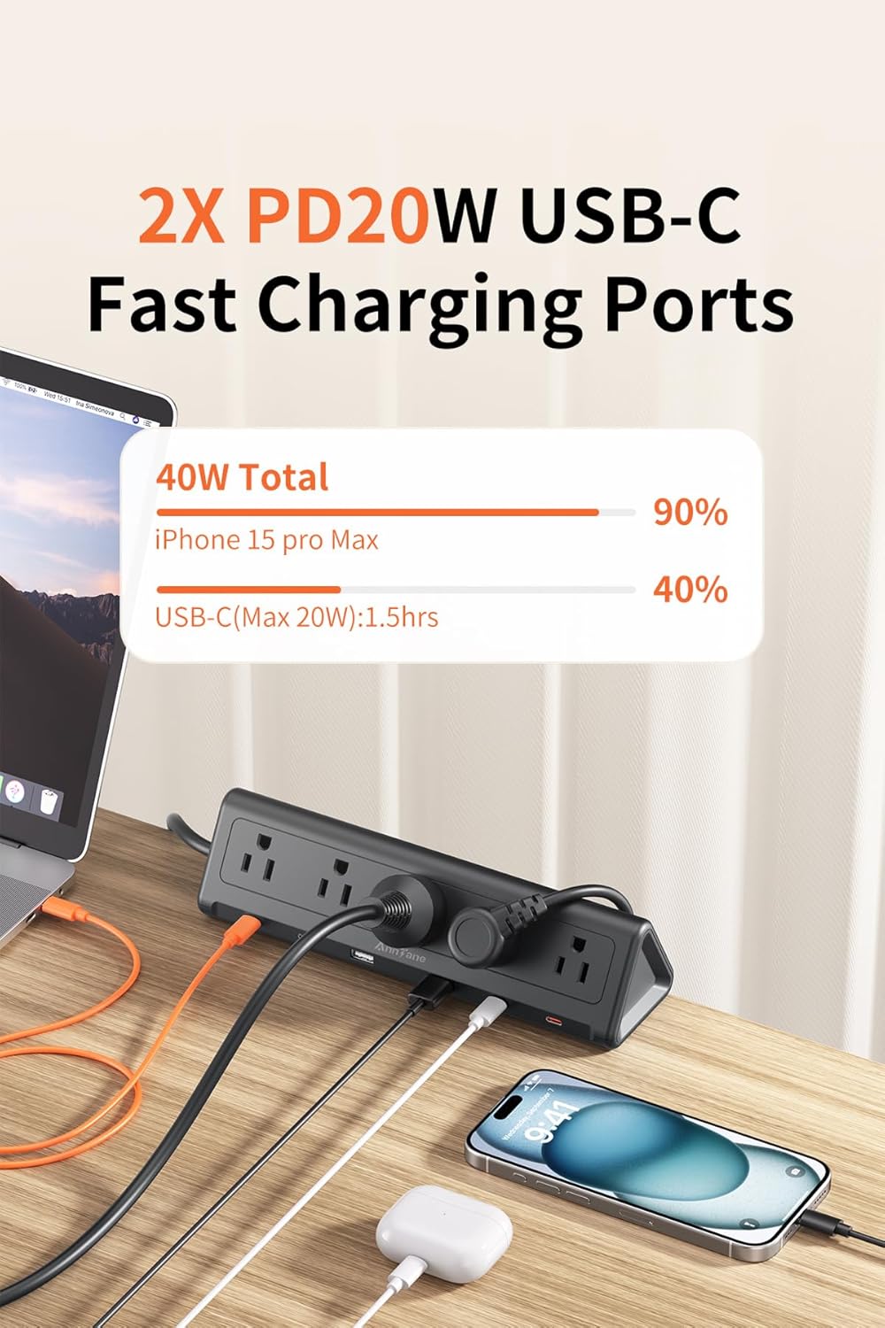 AnnTane Desk Clamp Power Strip USBC, 40W Fast Charging, 6.5 Ft, Black