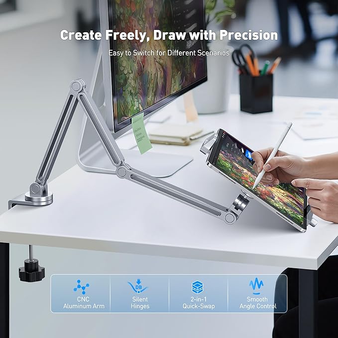 AboveTEK 2-in-1 iPad Stand for Desk, Aluminum iPad Holder Arm - Image 2