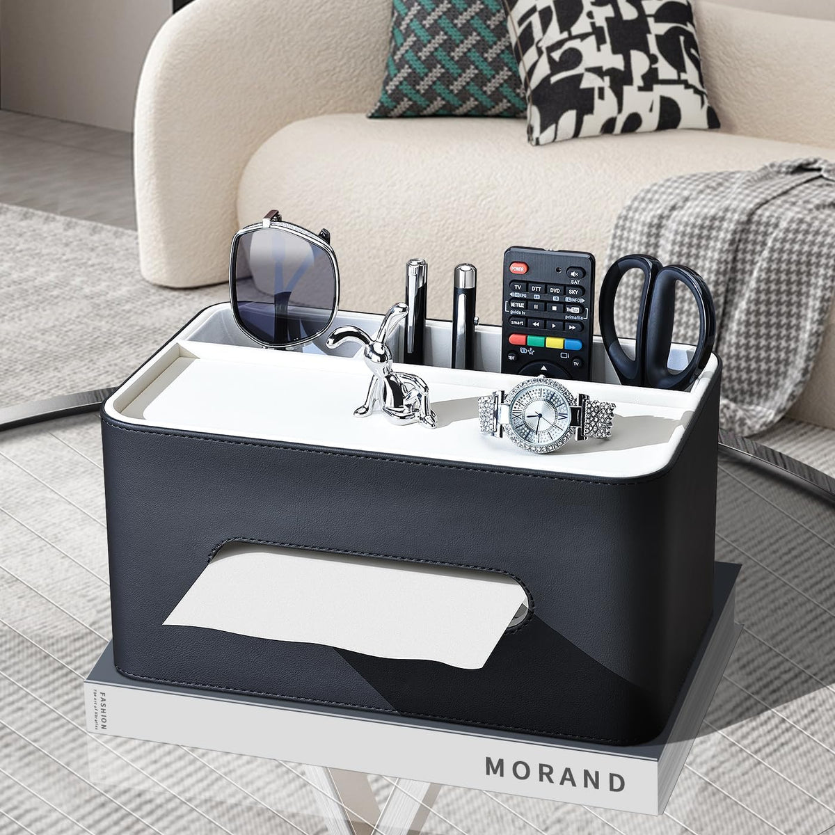 PU Leather Tissue Box Cover Rectangular with Storage Organizer Tray, Multifun...