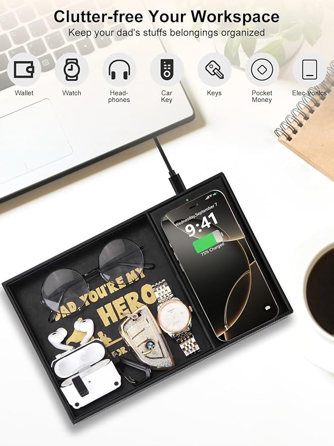 Gifts for Dad Valet Tray, Built-in Wireless Charger, Nightstand Organizer - Image 3