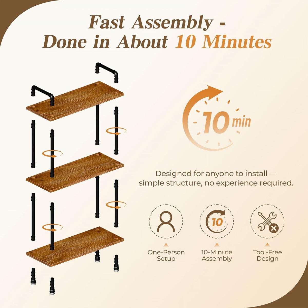 Industrial Bookshelf, Pipe Shelf Bookcase, 3 Tier, 30" Rustic Brown