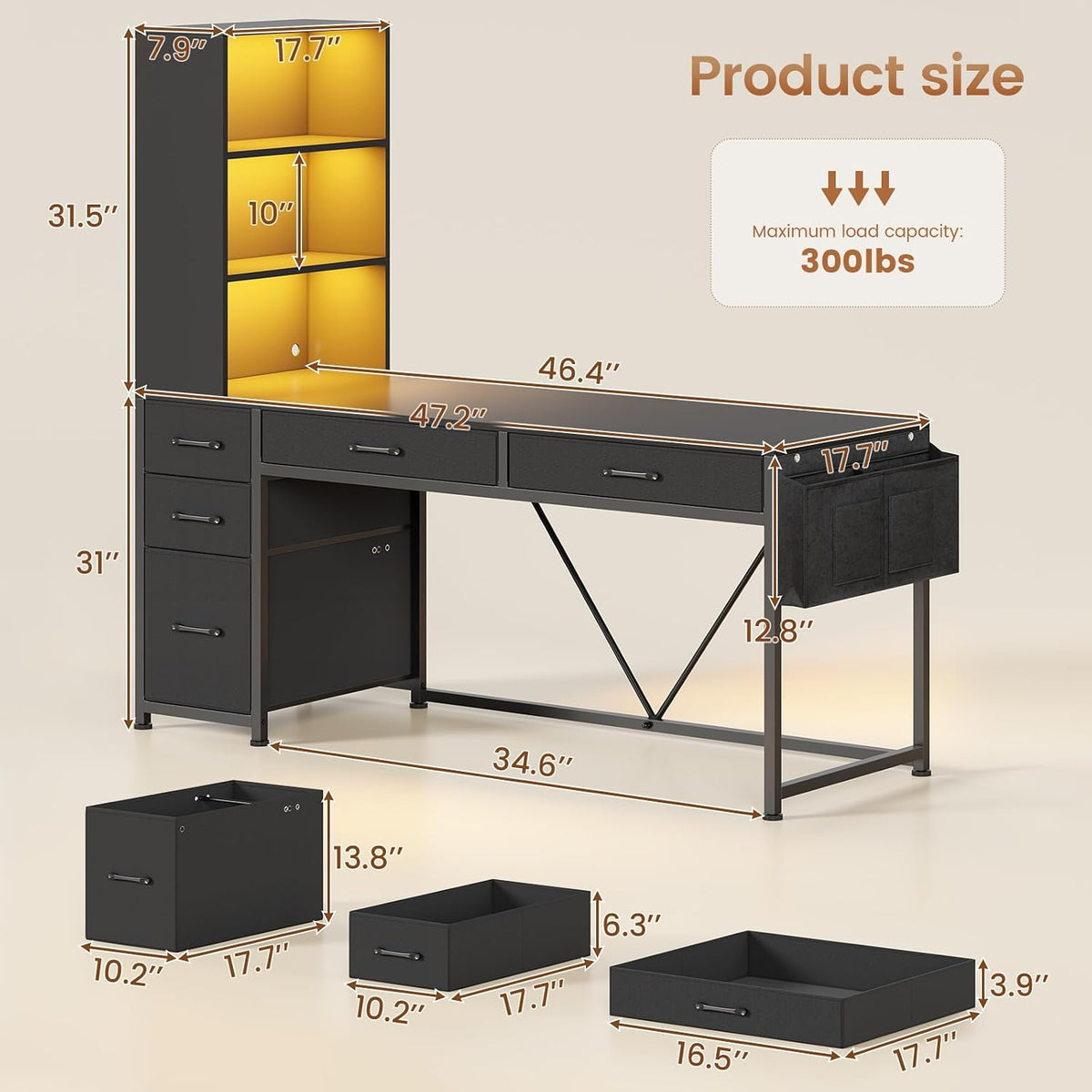 SEDETA Computer Gaming Desk with 5 Drawers and Bookshelf, Reversible Home Off...