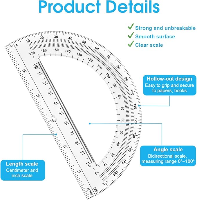 Hoiny 10 Pack Clear Protractor, 6 Inch Plastic Protractors, 180 Degrees - Image 3