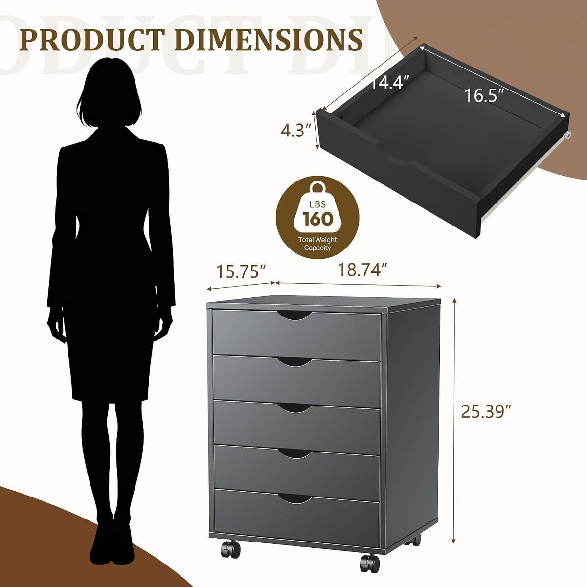 5 Drawer File Cabinet with Wheels, Under Desk Storage Drawers, Black