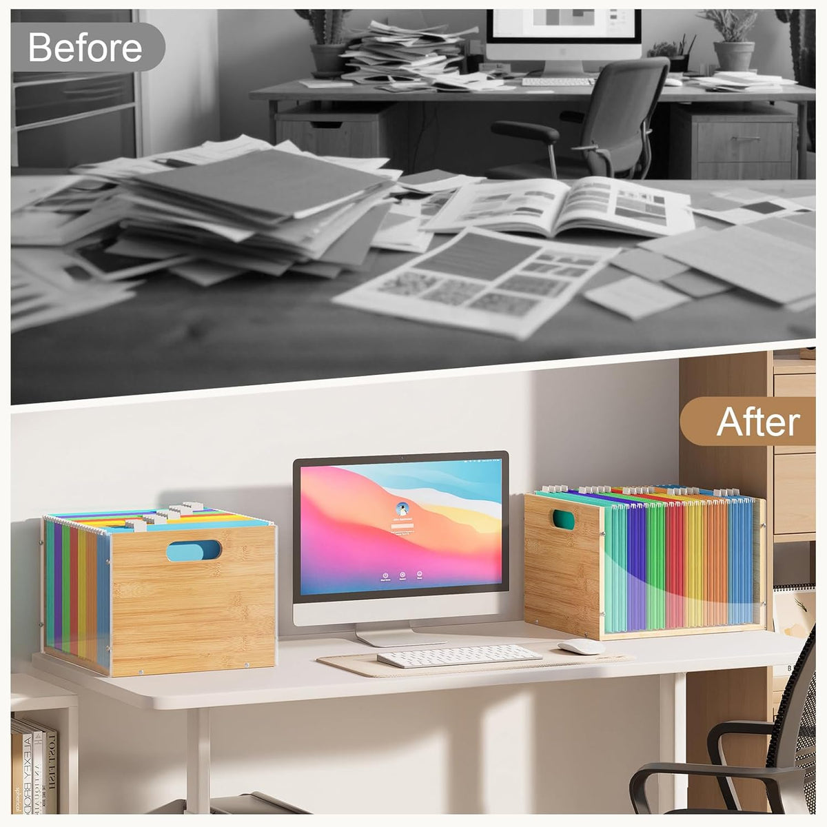 Sbanmao Clear Acrylic File Box Organizer, Bamboo Hanging Folder Storage Boxes...