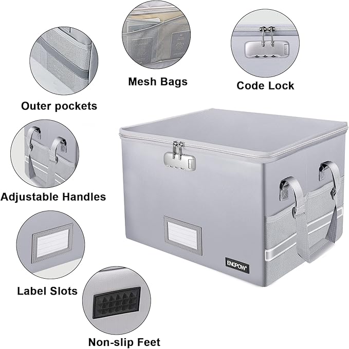 ENGPOW File Box with Lock, Fireproof Document Box with Pockets, Collapsible - Image 4