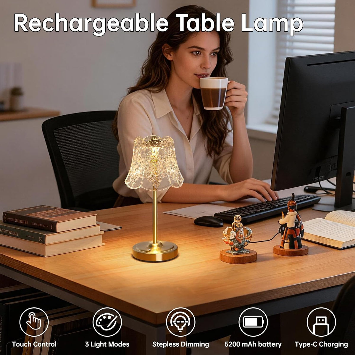 Shenmoyl Cordless Touch Table Lamp with 5200mAh Battery - 3 Adjustable Color ...
