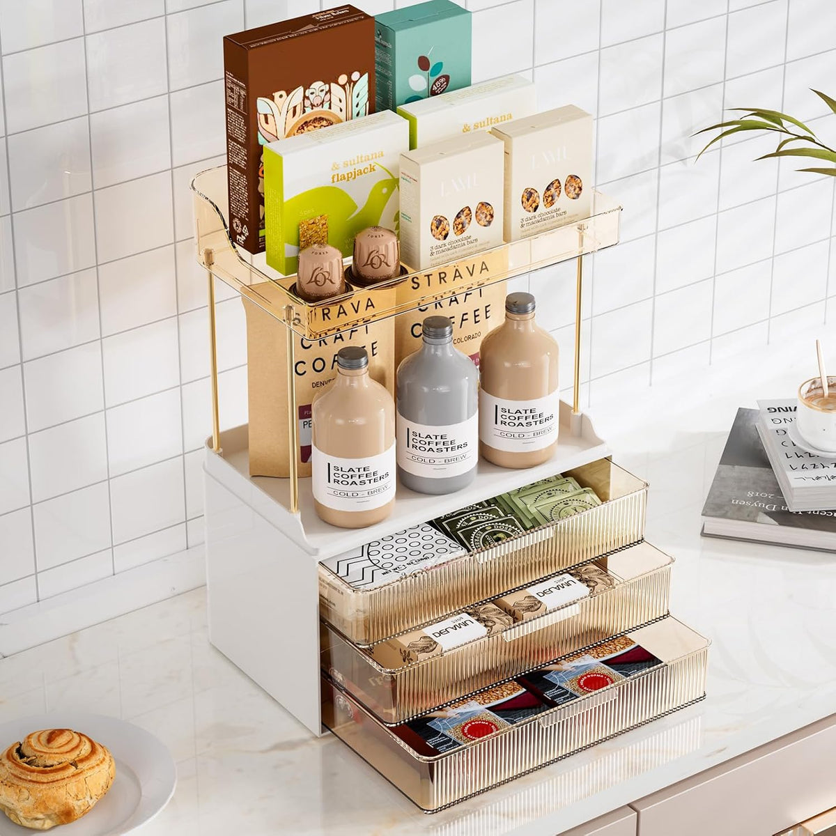 Delamu 5-Tier Makeup Organizer, Bathroom Counter Storage, 3 Drawers, Amber