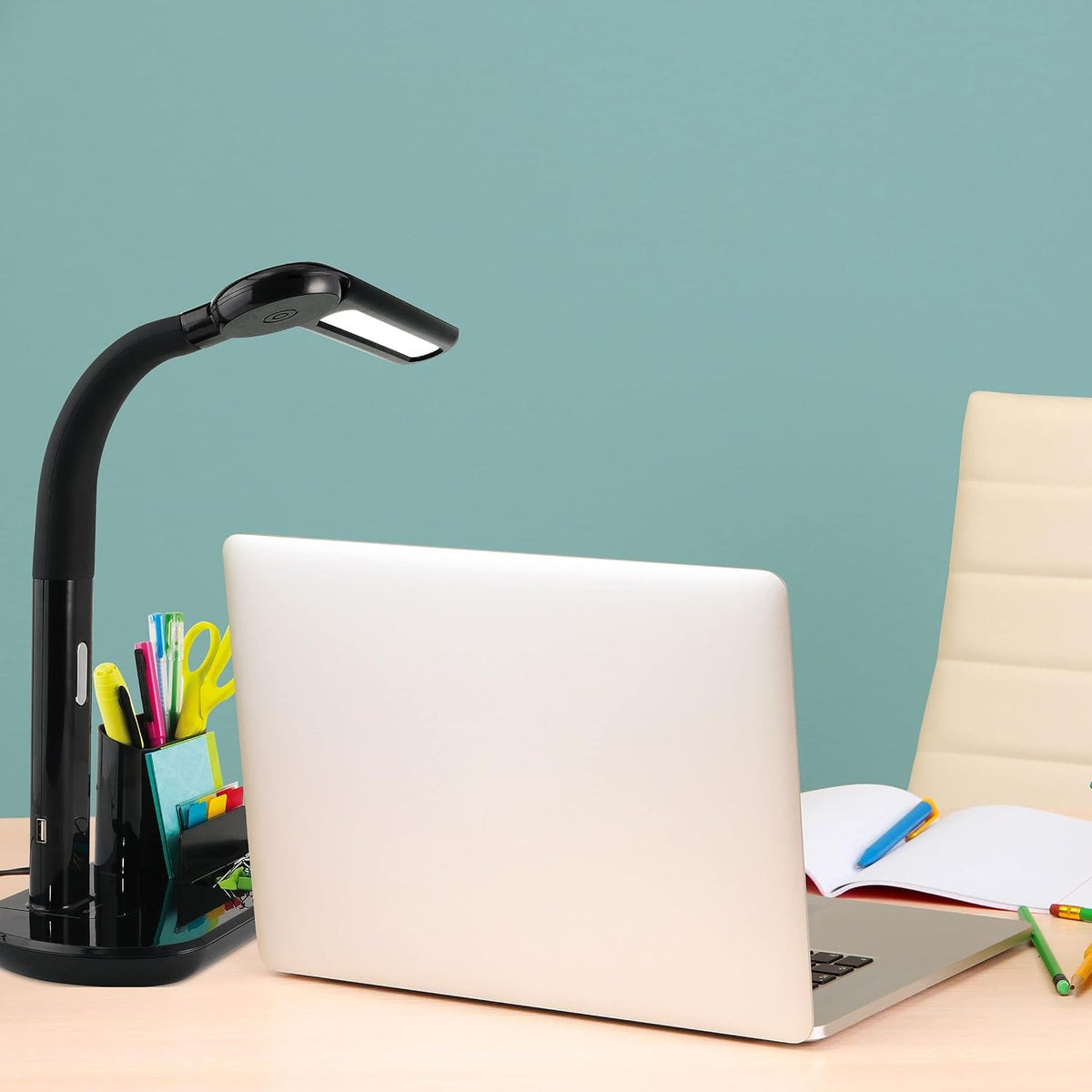 OttLite Pivoting Bankers LED Desk Lamp with USB Charging Port, Black