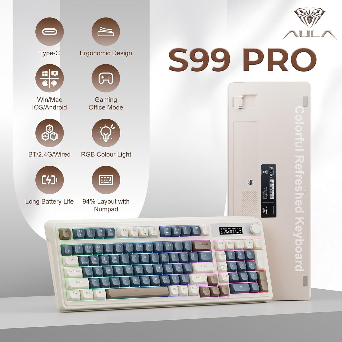 AULA S99 Pro Wireless Keyboard, Gaming Keyboards Media Knob Custom RGB Backli...