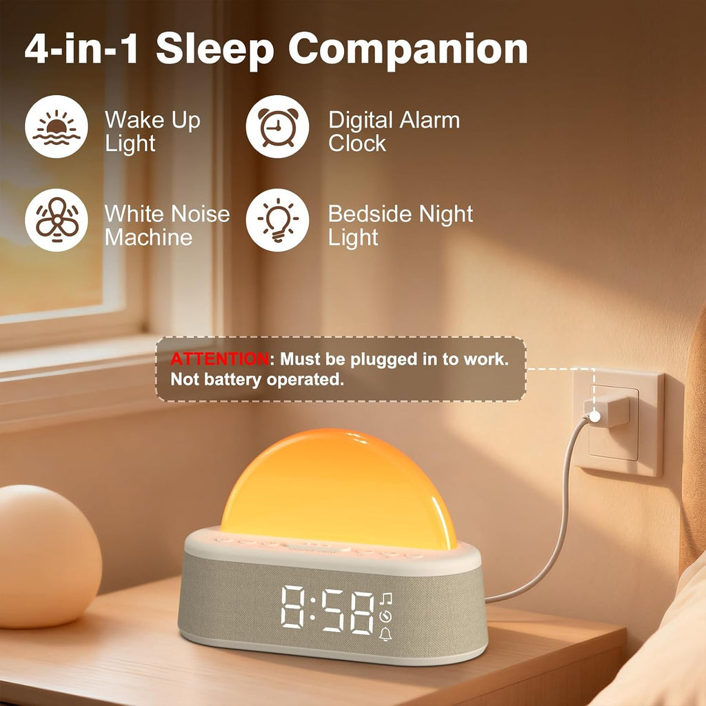 wake up light sunrise alarm clock, digital alarm shown in use