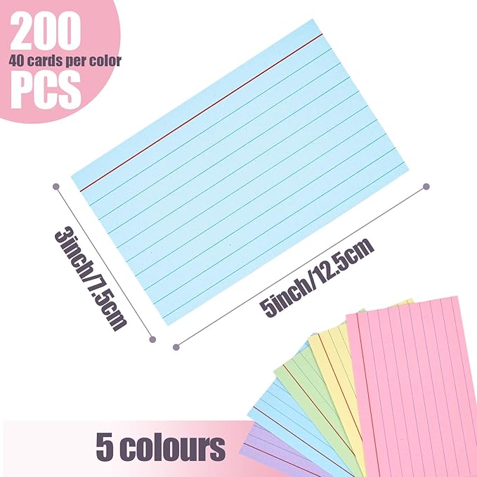 Koogel 200PCS Index Cards 3 x 5, Colored Index Cards Lined Ruled on both Sides - Image 3