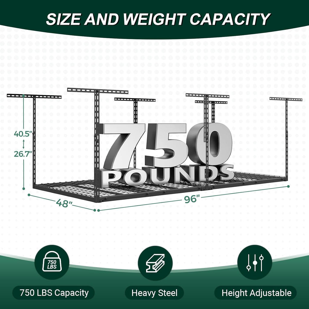 4x8 ft overhead garage storage rack,750lbs weight capacity shown in use