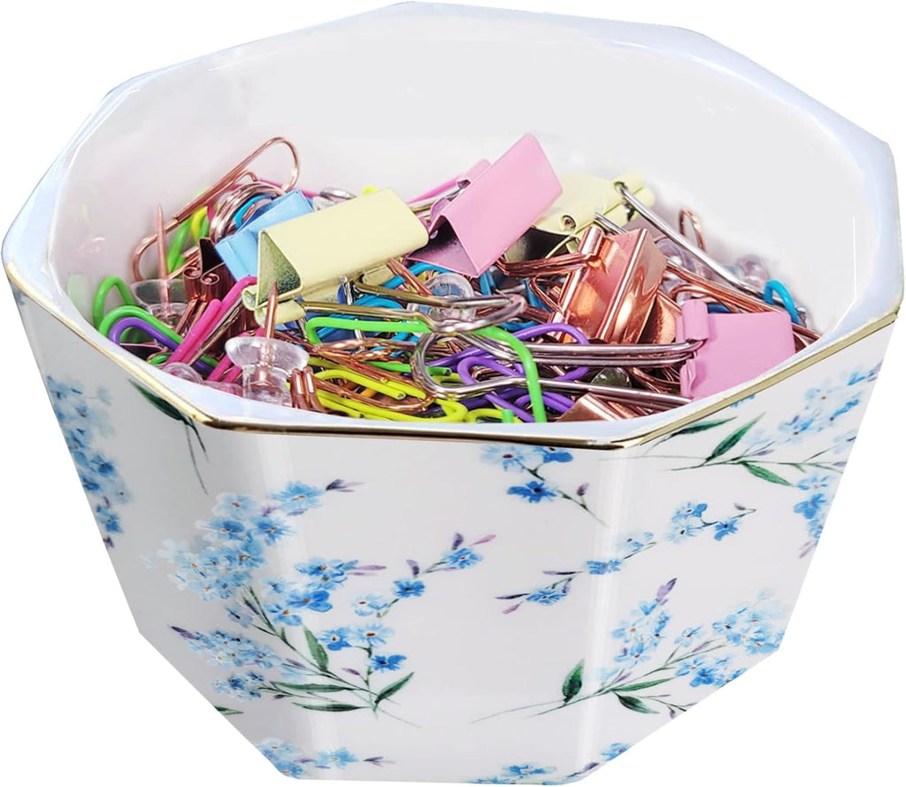 Ceramic Paper Clip Holder With Gold Line Geometric Floral Paper Clip Dispenser for Desk Cute Paper Clip Organizer Office Binder Clip Holder Gift for Office Blue Flowers