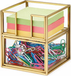 BTSKY Golden Glass 3x3 Inch Sticky Note Holder with Drawer, Elegant Post It Note Dispenser with Non-Slip Pads Clear Notepad Holder for Desk Organization Planning, Home Office Decor
