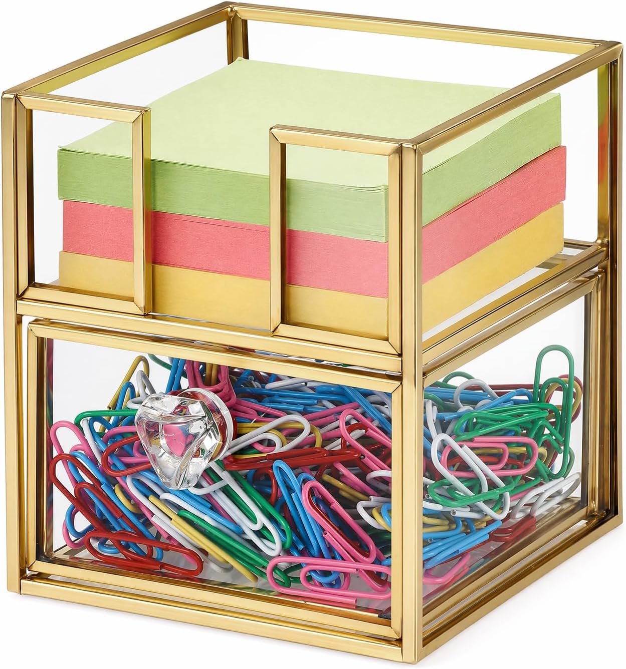 BTSKY Golden Glass 3x3 Inch Sticky Note Holder with Drawer, Elegant Post It Note Dispenser with Non-Slip Pads Clear Notepad Holder for Desk Organization Planning, Home Office Decor