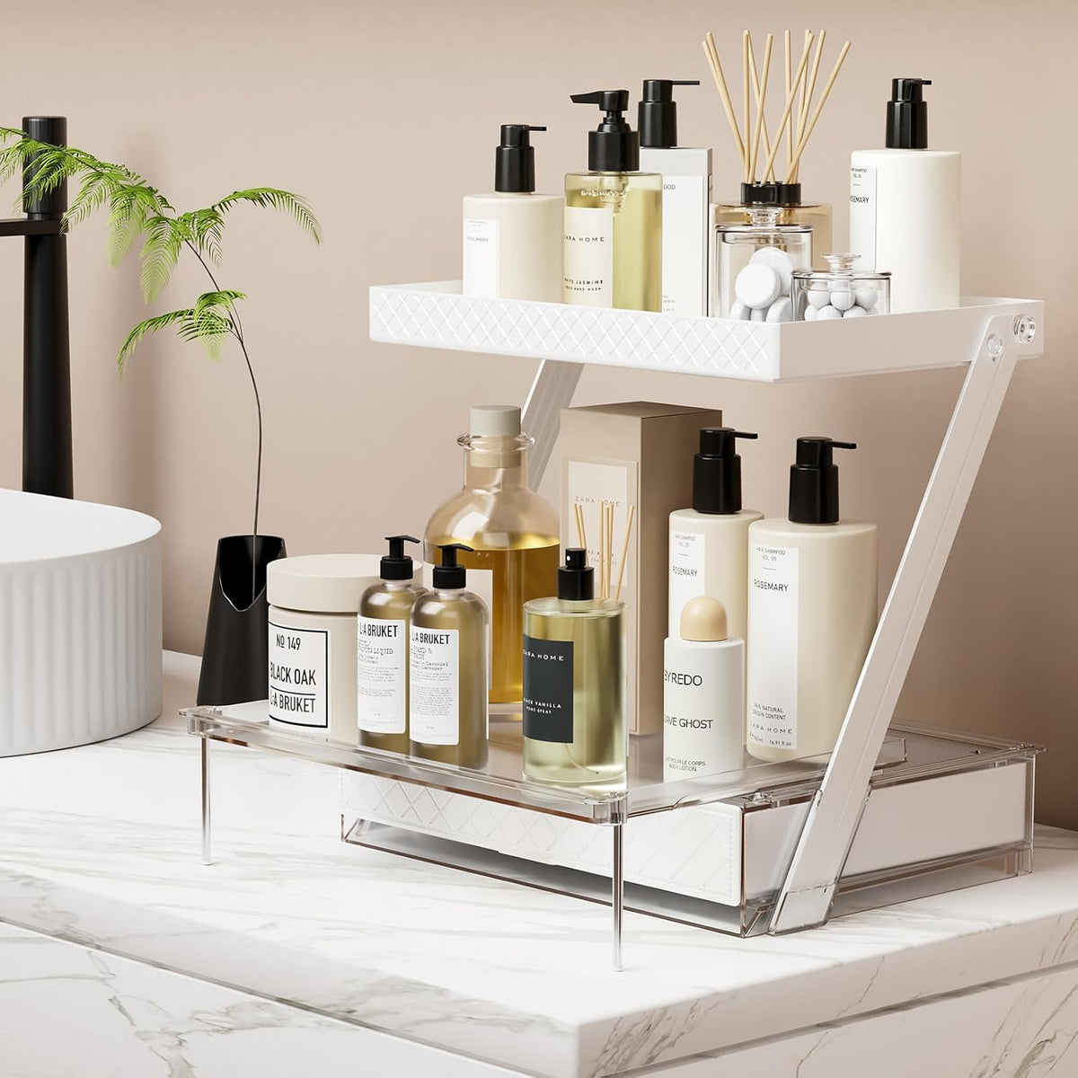 2 Tier Bathroom Countertop Organizer, Z-Shaped Vanity Organizer with Sliding ...