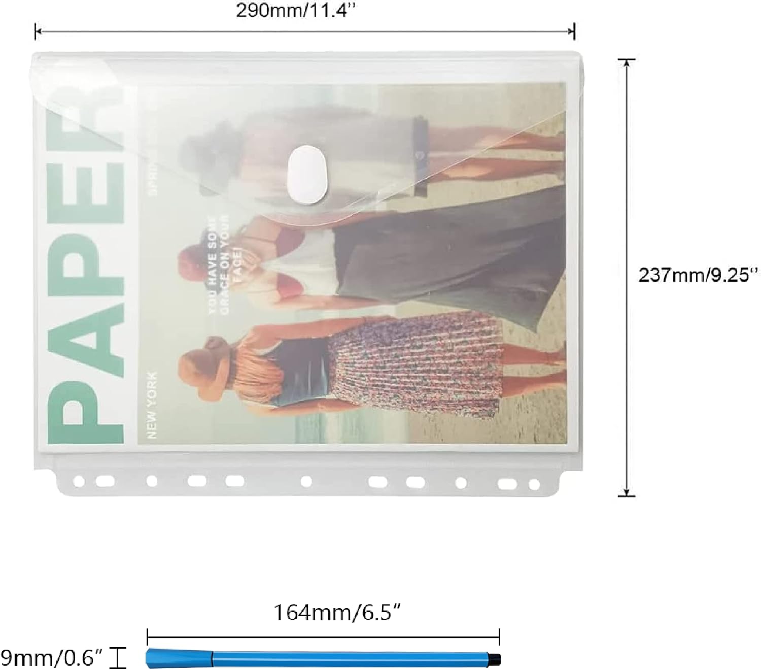 YoeeJob 10 Pack Binder Pockets with Hook and Loop Closure, Transparent | Letter size, clear PVC, 11 pre-punched holes, fits 2-, 3- and 4-ring binders, suitable for school and office use.