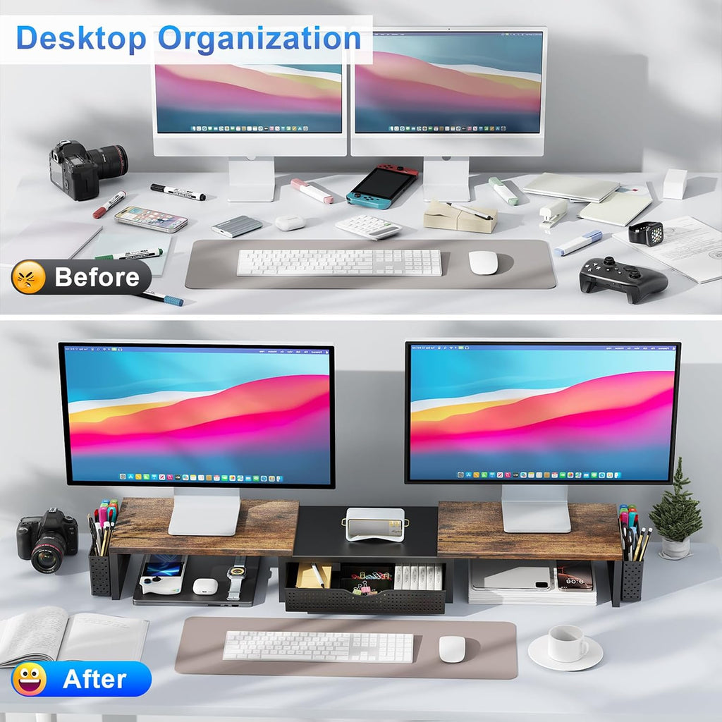 gianotter dual monitor stand riser with drawer and shown in use
