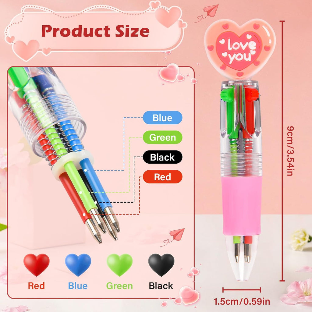 LiYiQ 100 Pcs Valentine's Day Animal Multicolor Pen in One Cartoon Cute Fun 4-in-1 Cute Pens Bulk Kawaii Heart Capybara Frog Panda Shape Lovely Ballpoint Pens for Fun Gifts