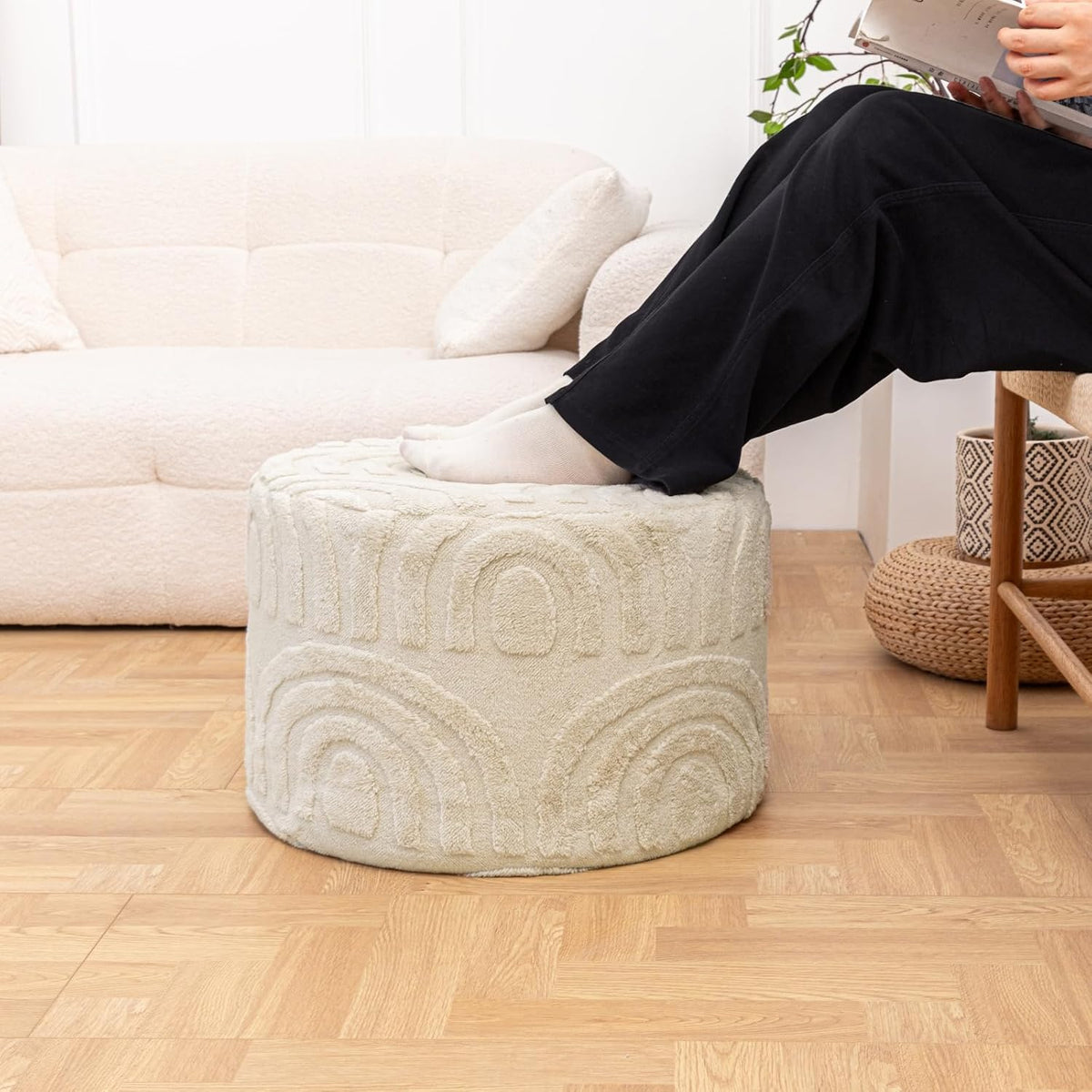 Asuprui Plush Fabric Ottoman Footrest,Foot Stool,20"x14", Linen