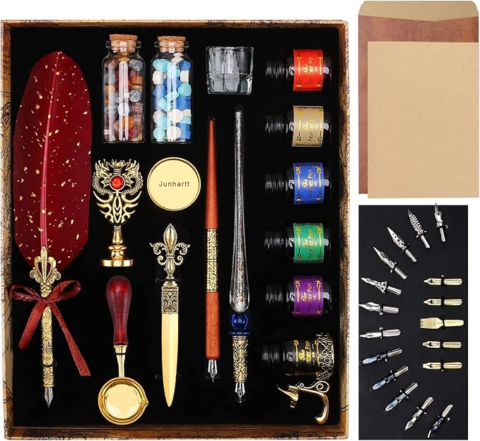 Junhartt Quill Feather Pen and Ink Set, Calligraphy Pen Glass Dip Pen and Wax by Junhartt
