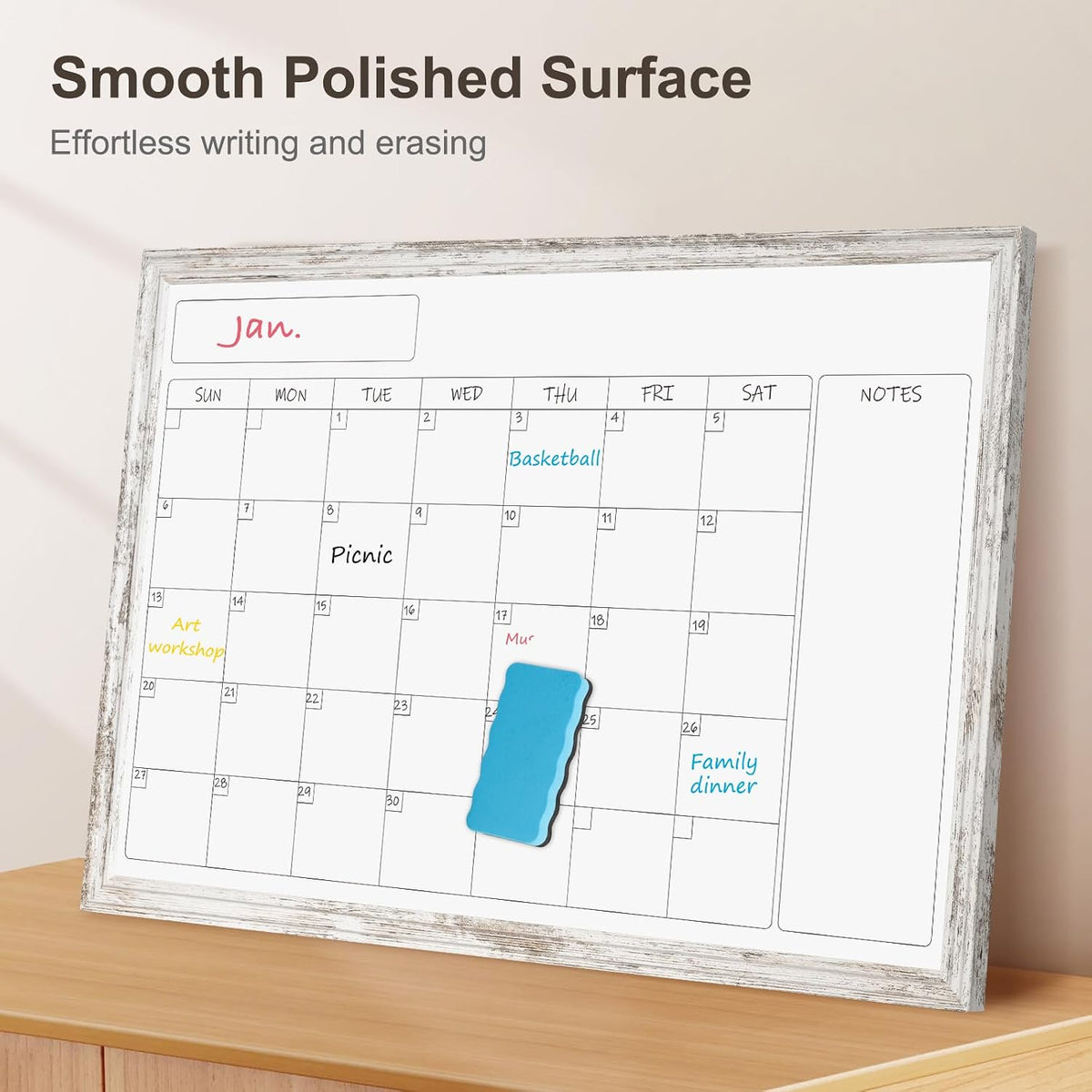Monthly Dry Erase Calendar Whiteboard for Wall, 24"x18", Rustic Woo...