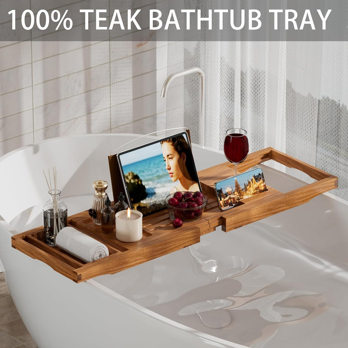 Bathtub Tray Caddy, Expandable Teak Wood Bath Tray for Tub