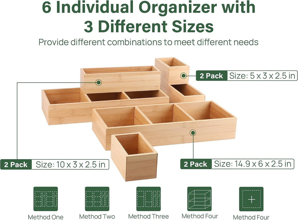 Kootek 6Pcs Bamboo Drawer Organizer 3-Size Kitchen Storage Box for Flatware
