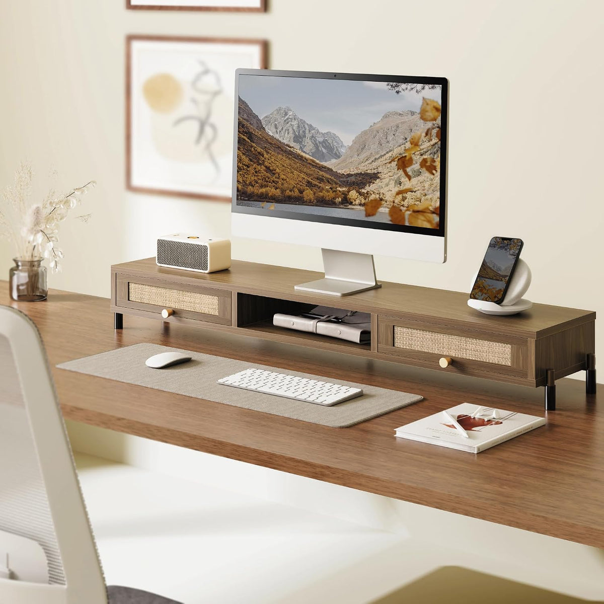 Fenge Dual Monitor Stand, Wooden Riser with Rattan Woven Flip Drawers