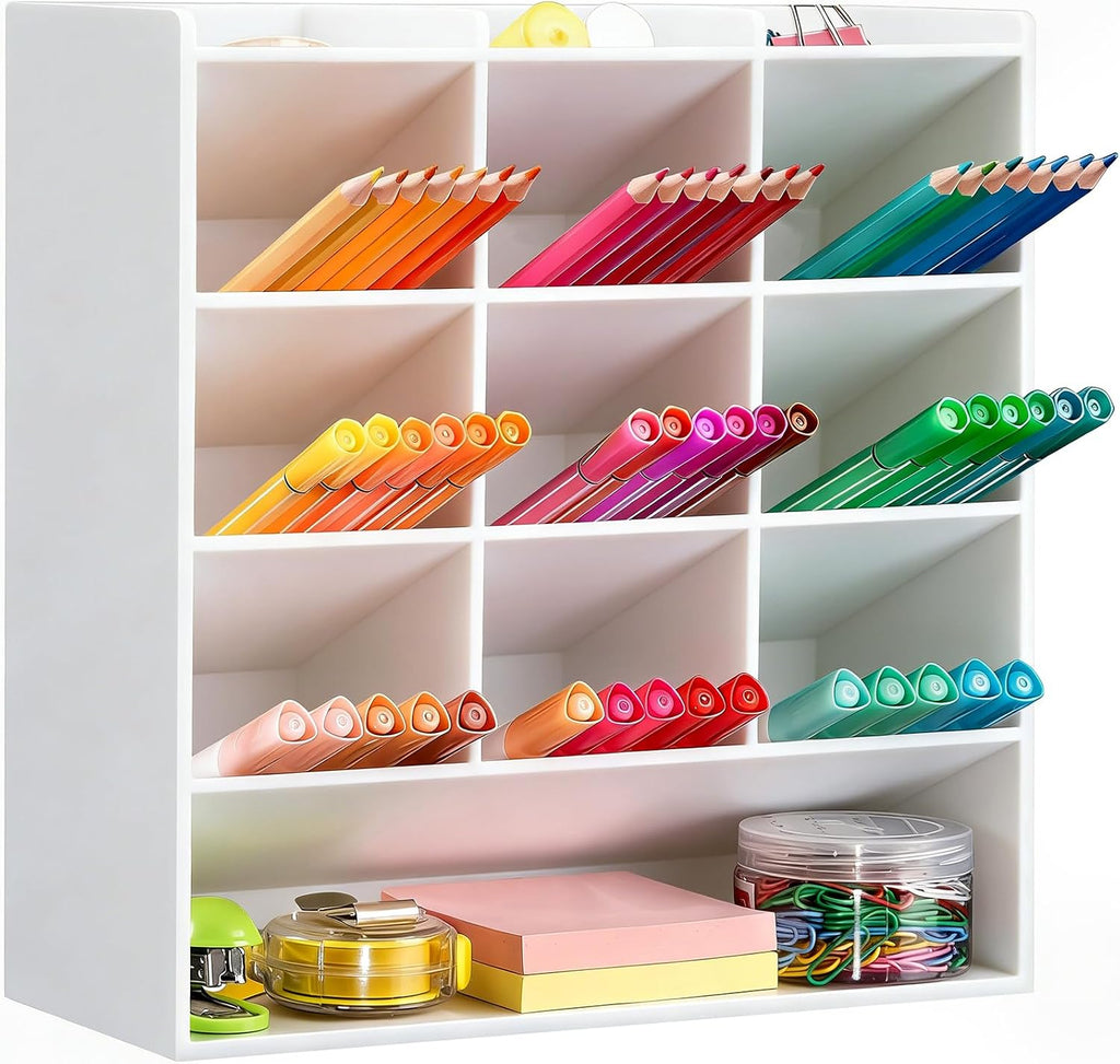 BEYGORM Acrylic Vertical Marker Organizer for 150 Markers, Desk Orgaizer | 13 Compartments Clear Angled Pen & Pencil Holder, Large Stationery & Art Supply Storage for School (10.2 x 9.8 x 4 Inch)
