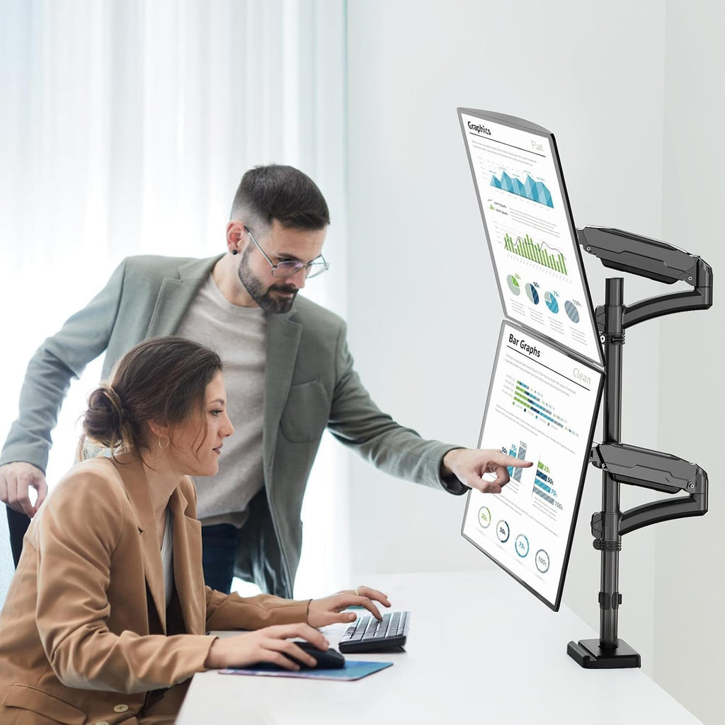 mount pro vertical dual monitor mount, stacked monitor, front angle view