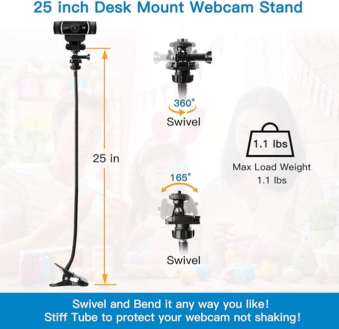 Pipishell 25 Inch Webcam Stand, Flexible Desk Mount Clamp Gooseneck Stand - Image 3