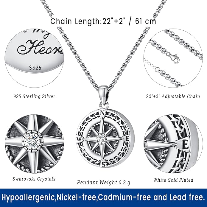 Compass Necklace for Women Men 925 Sterling Silver Pendant Urn Necklaces for - Image 3
