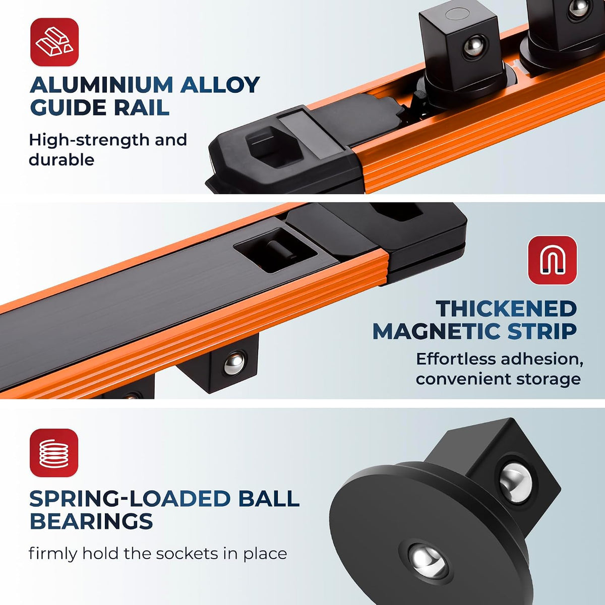 Reniteco Magnetic Socket Organizer Set, 3-Piece 1/4” 3/8” 1/2” Socket Rails