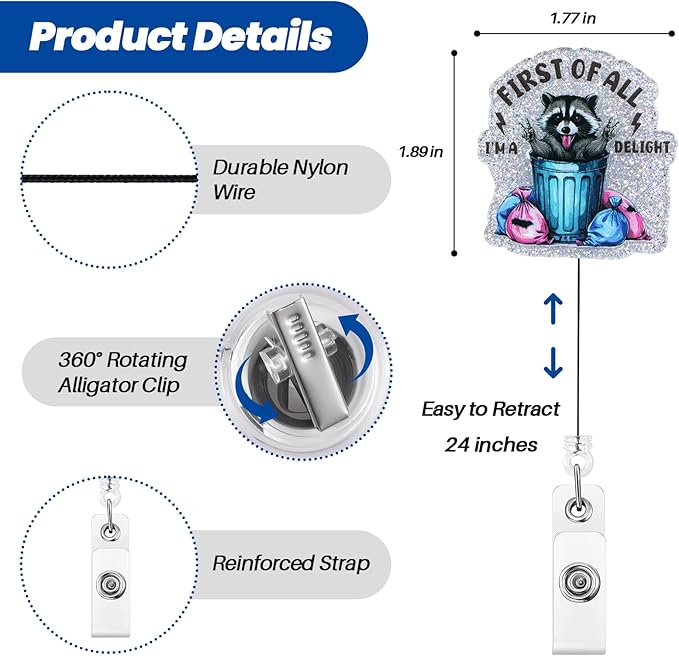 First of All I’m a Delight Funny Raccoon Badge Reel, Retractable ID Card Nurse - Image 4