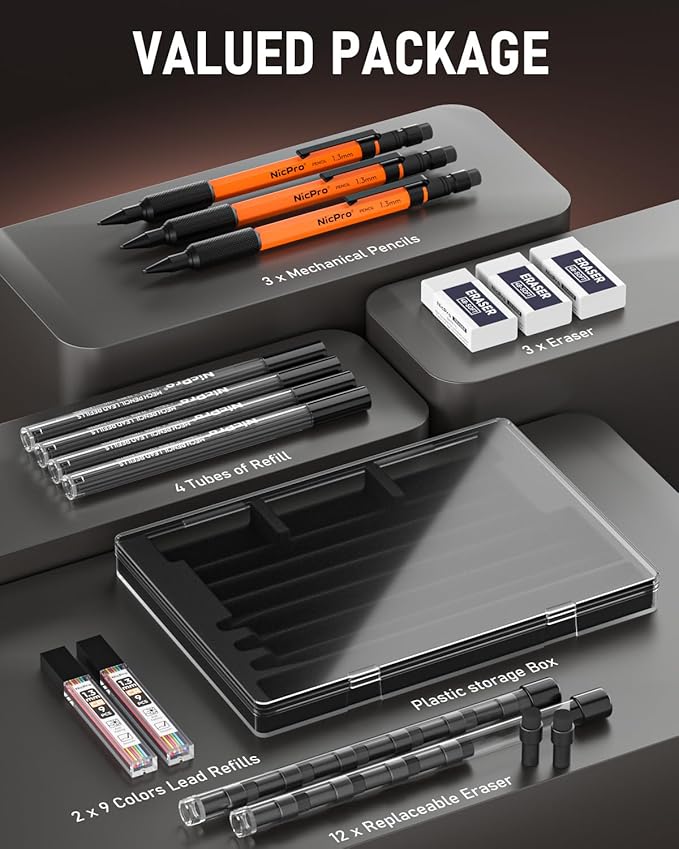 Nicpro 3 PCS 1.3 mm Orange Mechanical Pencils Set - Image 5