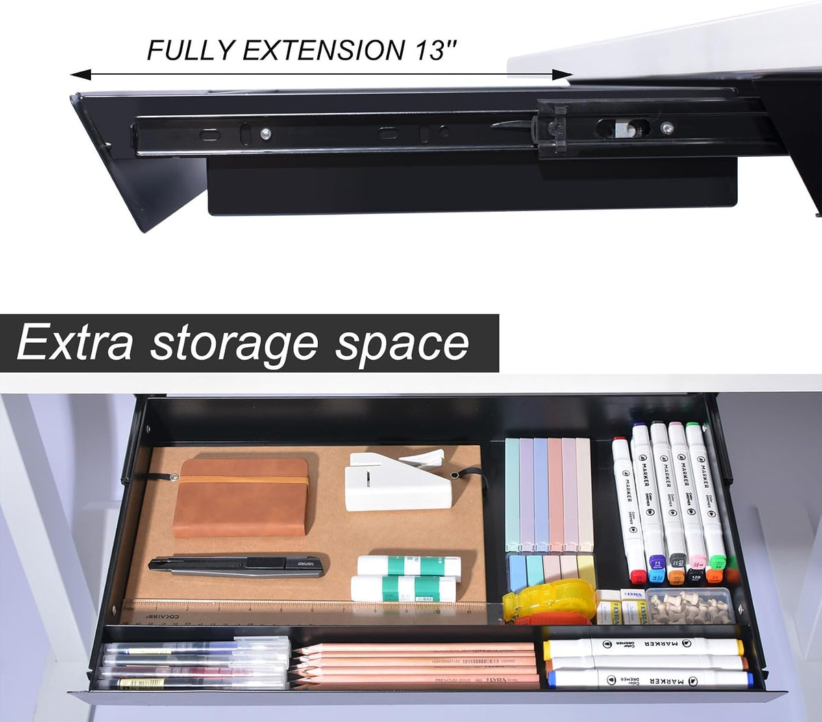 Large Under Desk Mounted Sliding Drawer with Pencil Tray and 60 Degree Tilt P...