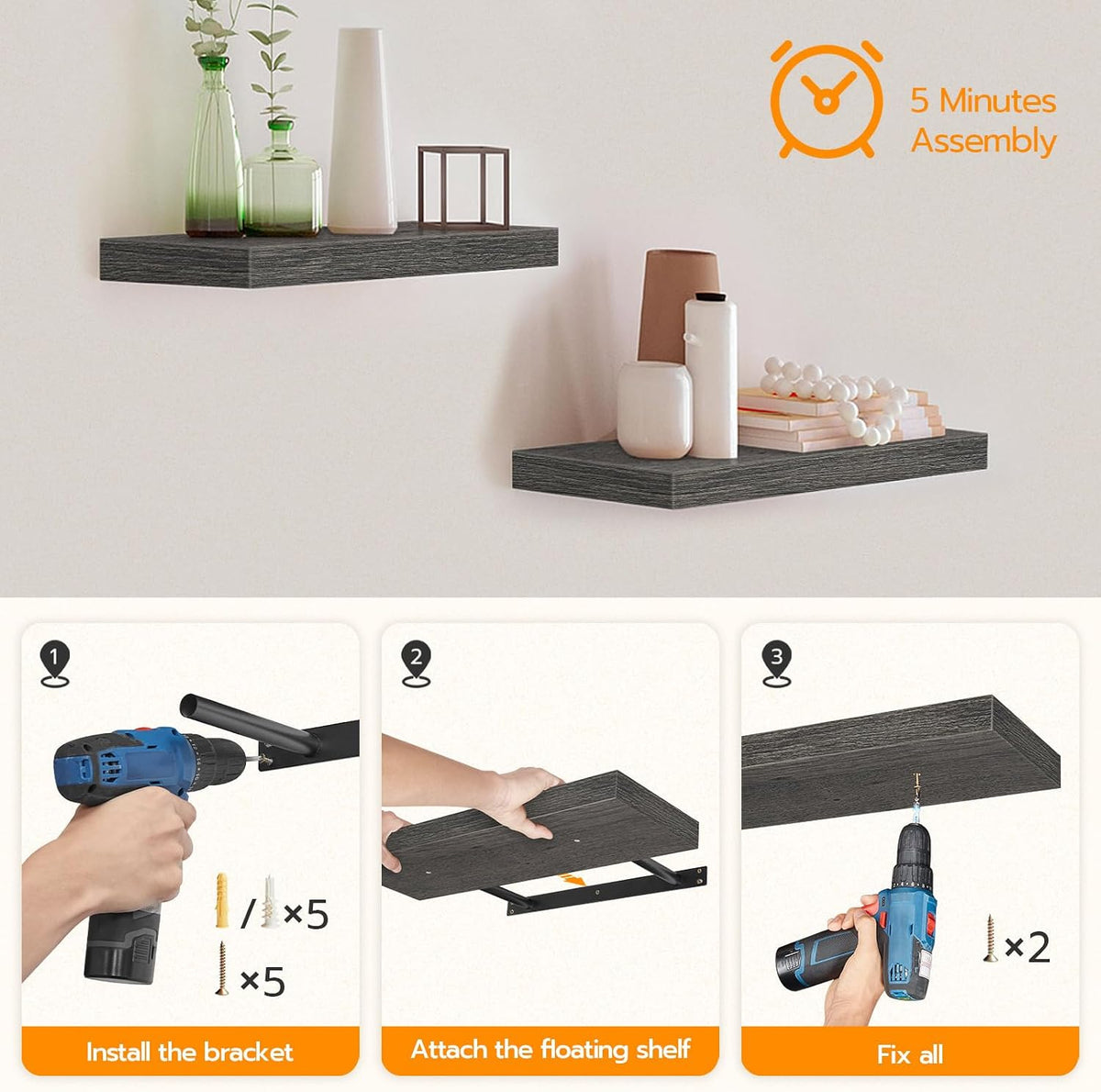 HOOBRO Floating Shelves for Wall, Wall Mounted Shelf Set of 2, 15.7" Han...