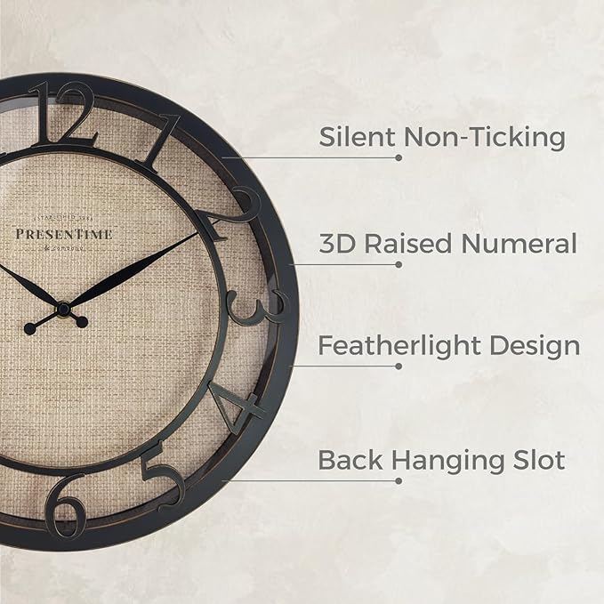 Presentime & Co 13" Farmhouse Series Wall Clock, Cottage Style, Faux Burlap - Image 2