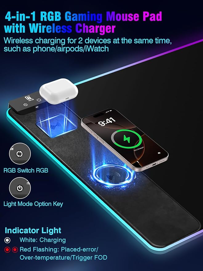 Mouse Pad with Magnetic Wireless Charging, Large Desk Pad Protector, RGB Black - Image 2