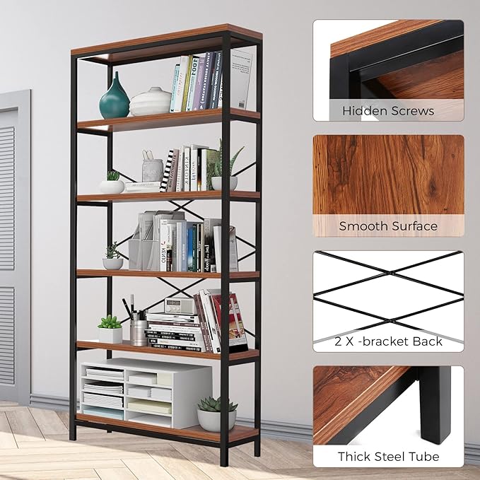 Himimi 6-Tier Bookshelf Set of 2, Tall Bookcase Industrial Wood Storage Rack - Image 8