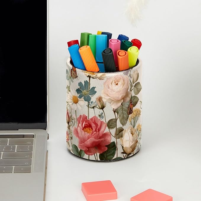 Leather Pen Holder for Desk Floral Butterflies Pretty Pencil Cup Desktop - Image 5